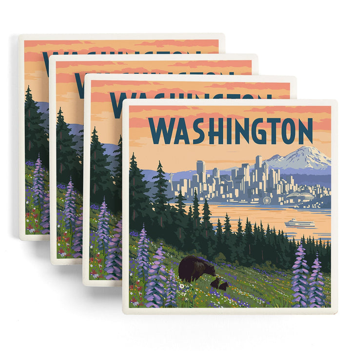 Seattle, Washington, Bear and Spring Flowers, Coasters Coasters Lantern Press