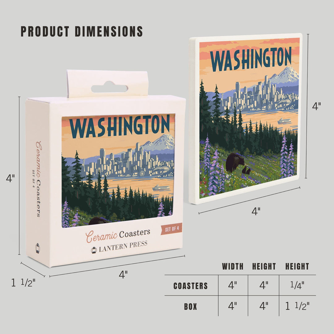Seattle, Washington, Bear and Spring Flowers, Coasters Coasters Lantern Press