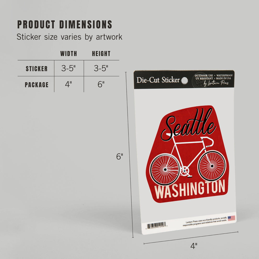 Seattle, Washington, Bike, Script Screenprint Style, Contour, Lantern Press Artwork, Vinyl Sticker Sticker Lantern Press