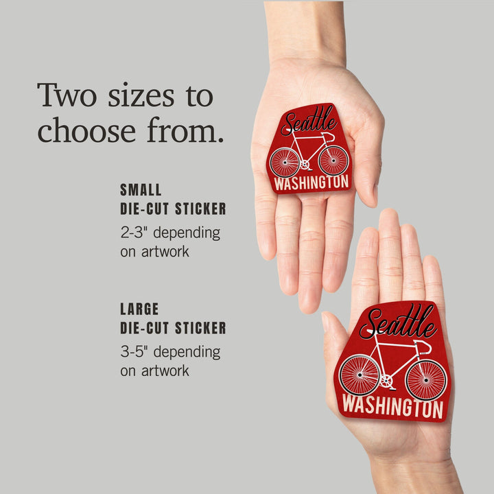 Seattle, Washington, Bike, Script Screenprint Style, Contour, Lantern Press Artwork, Vinyl Sticker Sticker Lantern Press