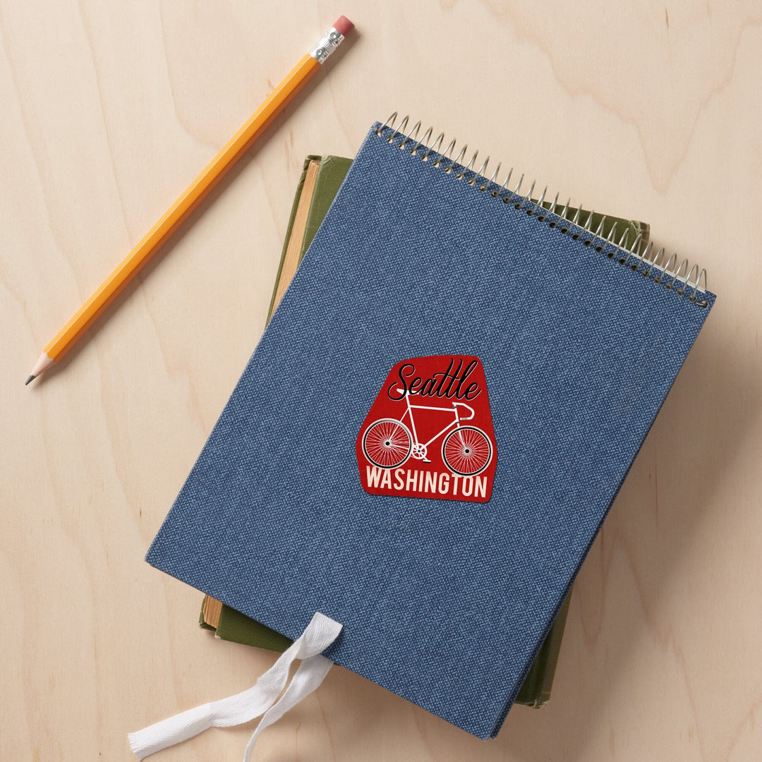 Seattle, Washington, Bike, Script Screenprint Style, Contour, Lantern Press Artwork, Vinyl Sticker Sticker Lantern Press