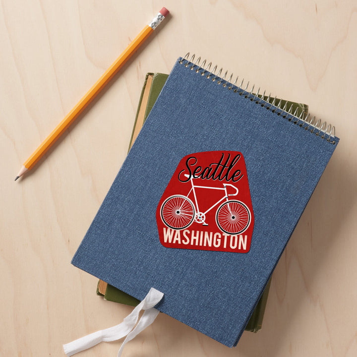 Seattle, Washington, Bike, Script Screenprint Style, Contour, Lantern Press Artwork, Vinyl Sticker Sticker Lantern Press