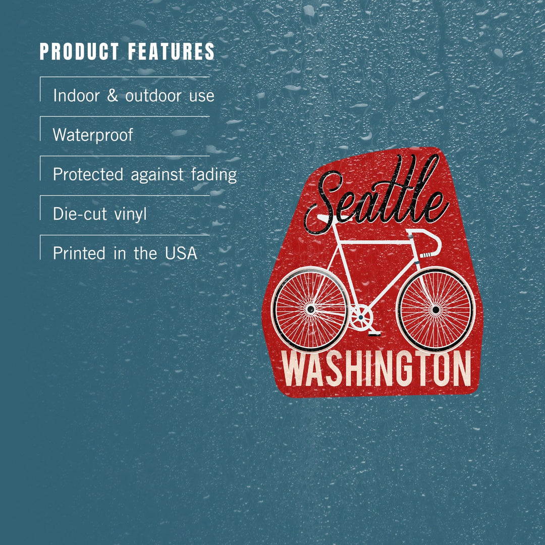 Seattle, Washington, Bike, Script Screenprint Style, Contour, Lantern Press Artwork, Vinyl Sticker Sticker Lantern Press