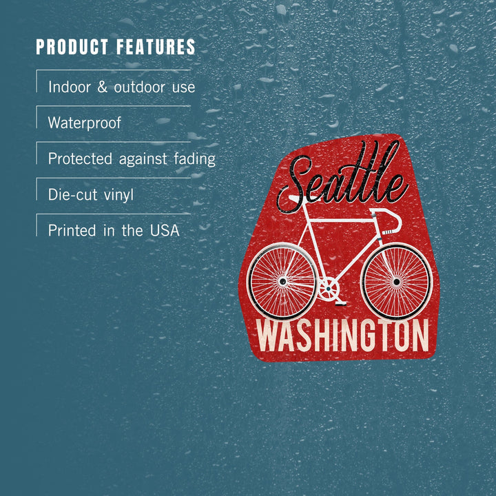 Seattle, Washington, Bike, Script Screenprint Style, Contour, Lantern Press Artwork, Vinyl Sticker Sticker Lantern Press