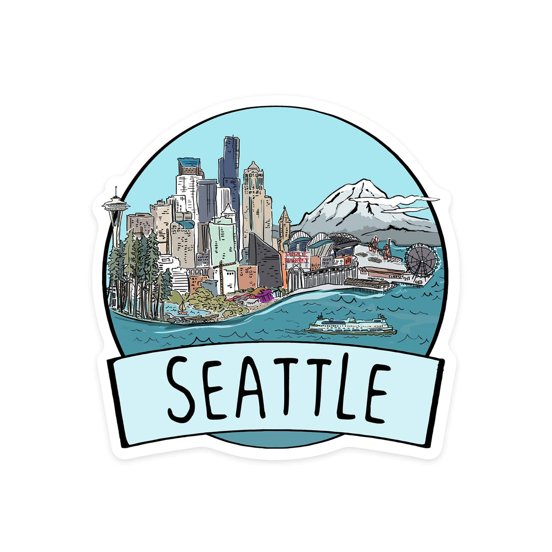 Seattle, Washington, Cityscape, Line Drawing, Contour, Lantern Press Artwork, Vinyl Sticker Sticker Lantern Press
