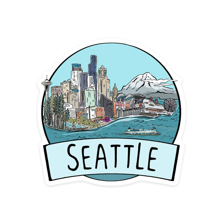 Seattle, Washington, Cityscape, Line Drawing, Contour, Lantern Press Artwork, Vinyl Sticker Sticker Lantern Press