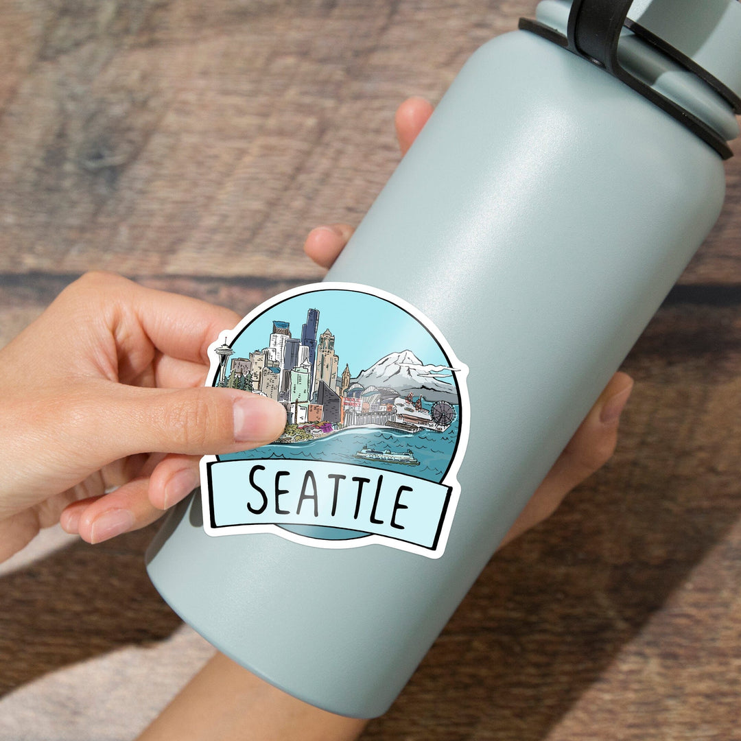 Seattle, Washington, Cityscape, Line Drawing, Contour, Lantern Press Artwork, Vinyl Sticker Sticker Lantern Press