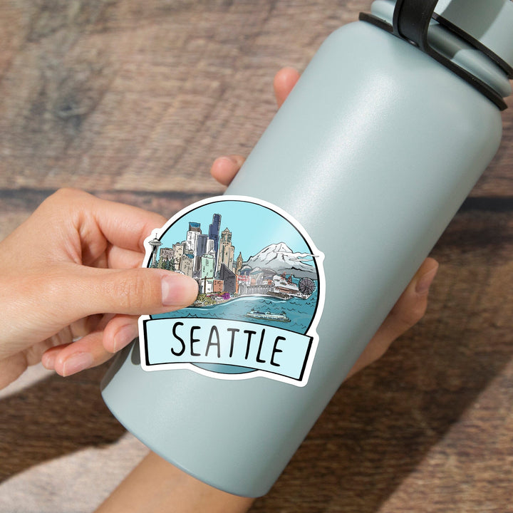 Seattle, Washington, Cityscape, Line Drawing, Contour, Lantern Press Artwork, Vinyl Sticker Sticker Lantern Press