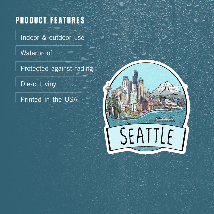 Seattle, Washington, Cityscape, Line Drawing, Contour, Lantern Press Artwork, Vinyl Sticker Sticker Lantern Press