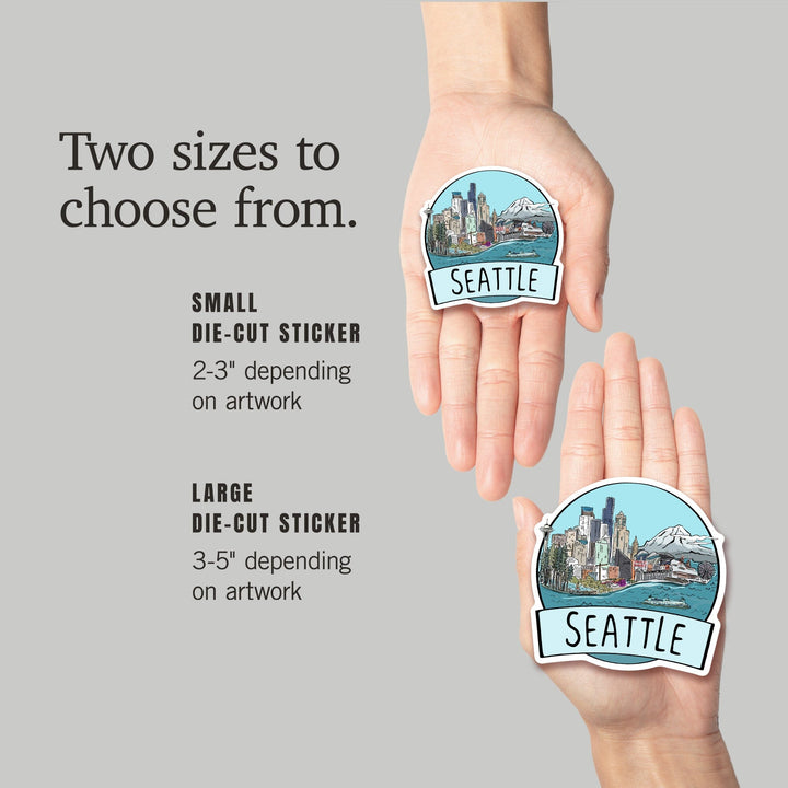 Seattle, Washington, Cityscape, Line Drawing, Contour, Lantern Press Artwork, Vinyl Sticker Sticker Lantern Press