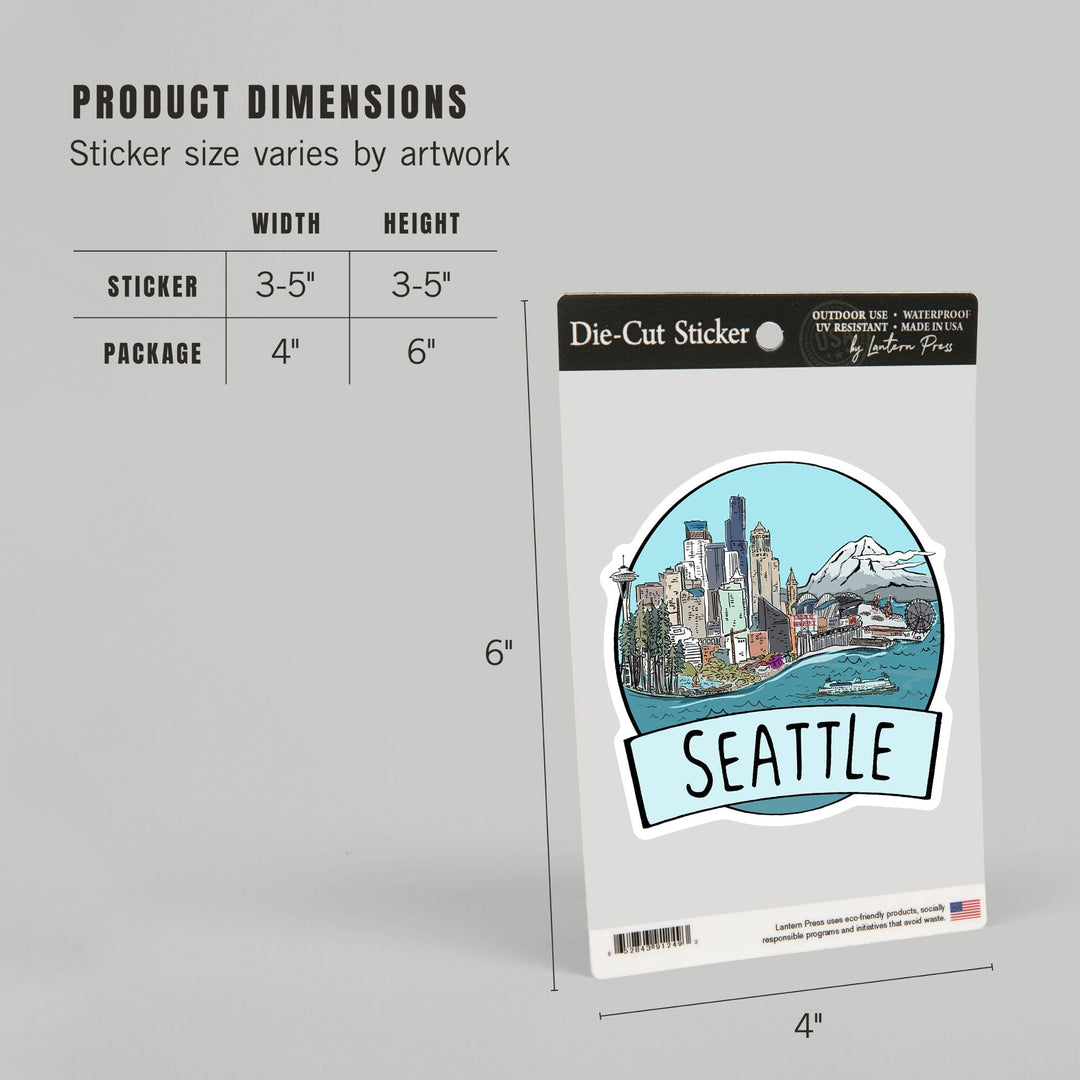 Seattle, Washington, Cityscape, Line Drawing, Contour, Lantern Press Artwork, Vinyl Sticker Sticker Lantern Press