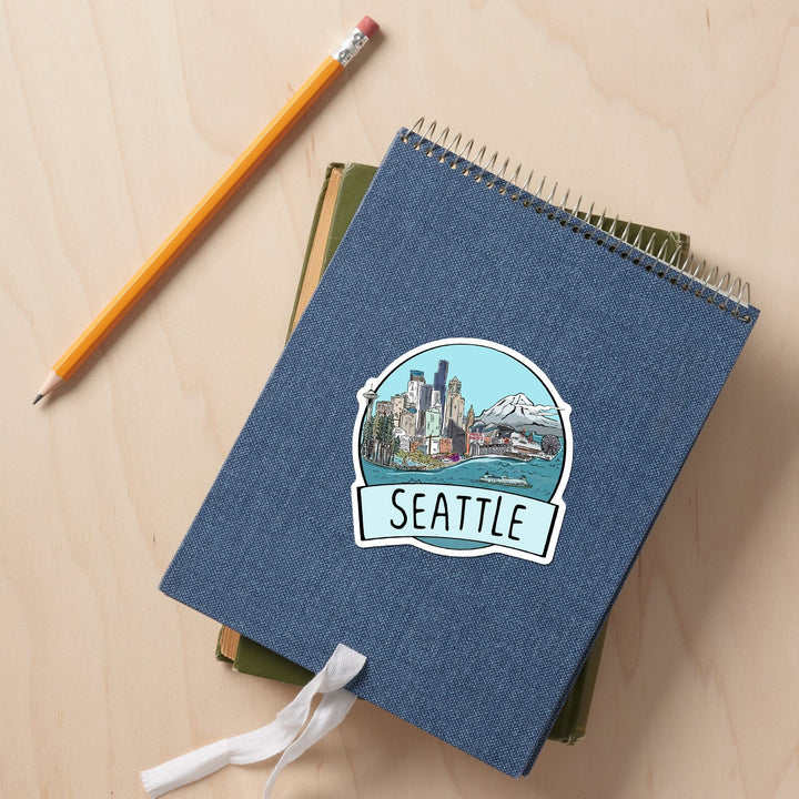 Seattle, Washington, Cityscape, Line Drawing, Contour, Lantern Press Artwork, Vinyl Sticker Sticker Lantern Press