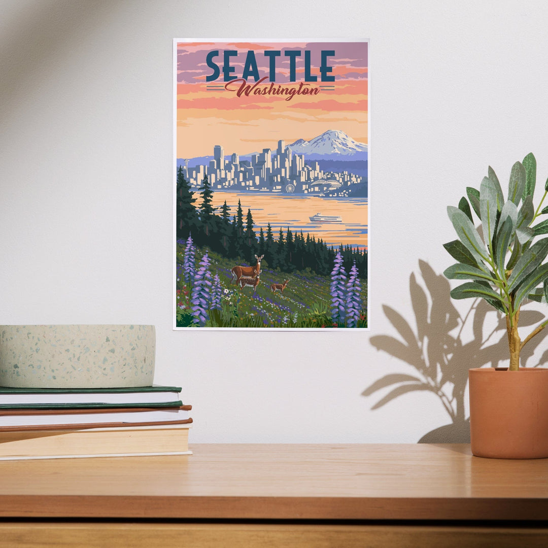 Seattle, Washington, Deer and Spring Flowers, Art & Giclee Prints Art Lantern Press