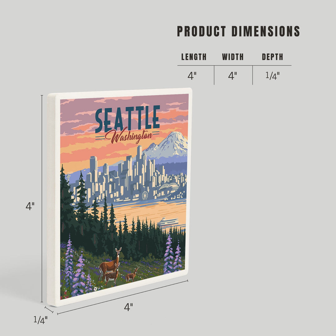 Seattle, Washington, Deer and Spring Flowers, Coasters Coasters Lantern Press