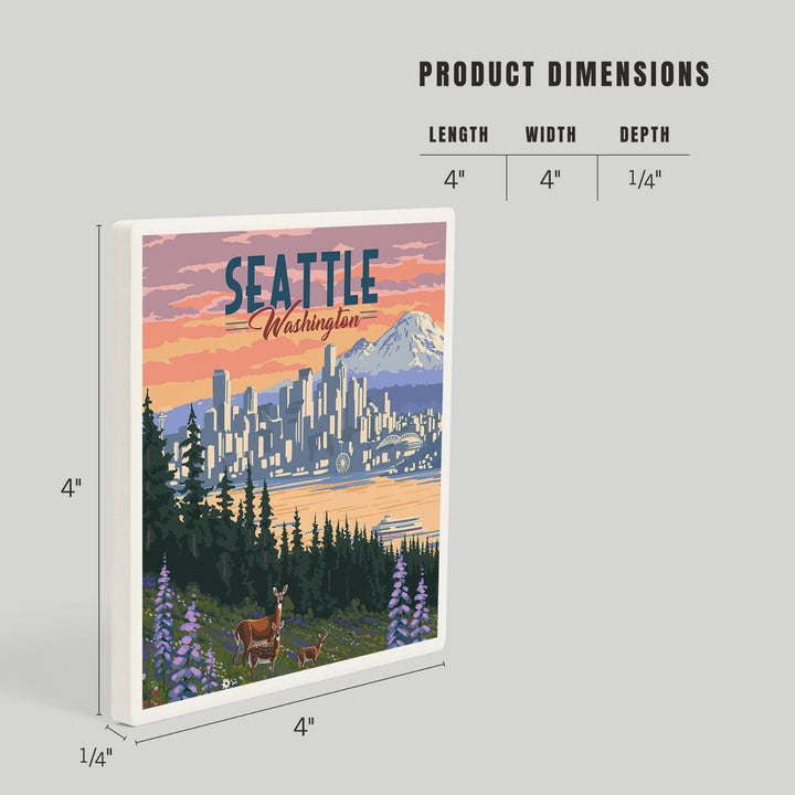 Seattle, Washington, Deer and Spring Flowers, Coasters Coasters Lantern Press