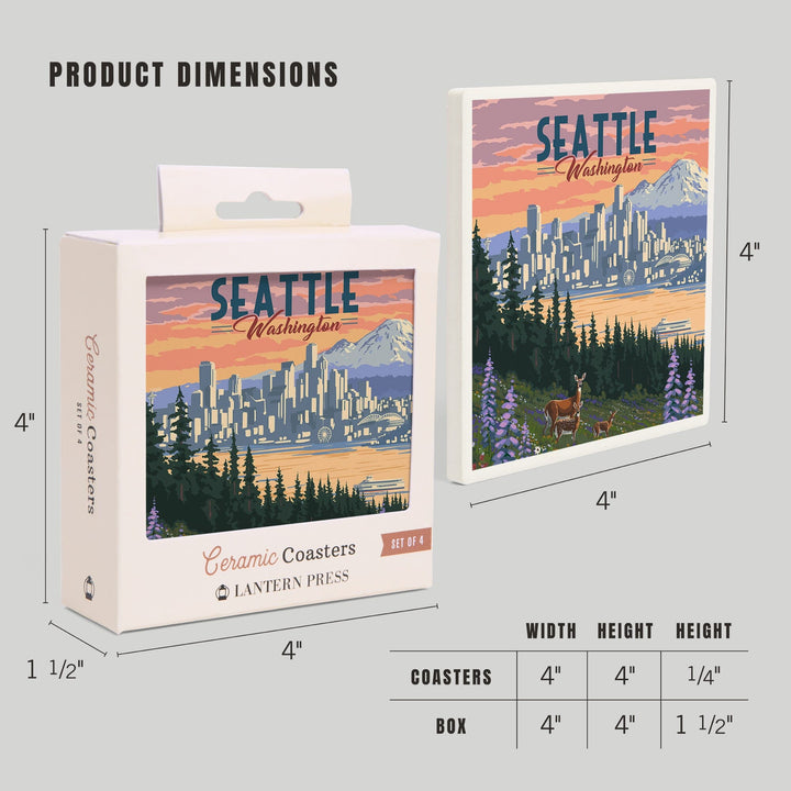 Seattle, Washington, Deer and Spring Flowers, Coasters Coasters Lantern Press