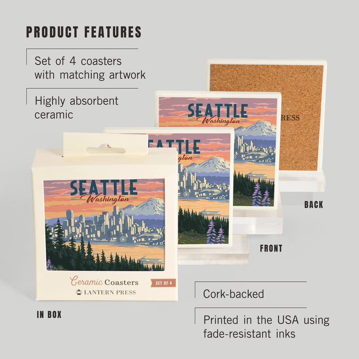 Seattle, Washington, Deer and Spring Flowers, Coasters Coasters Lantern Press