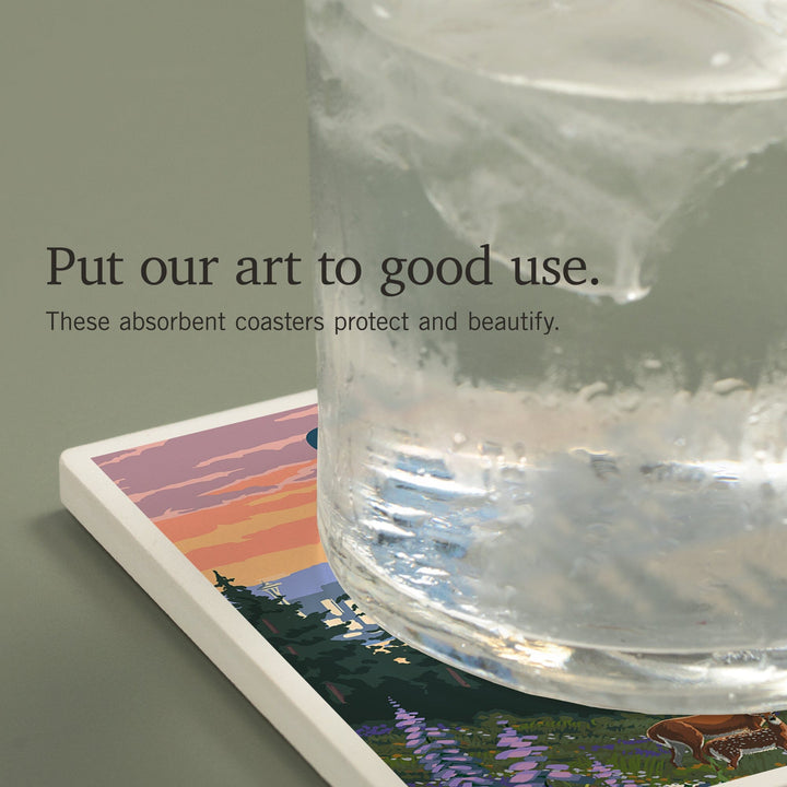 Seattle, Washington, Deer and Spring Flowers, Coasters Coasters Lantern Press