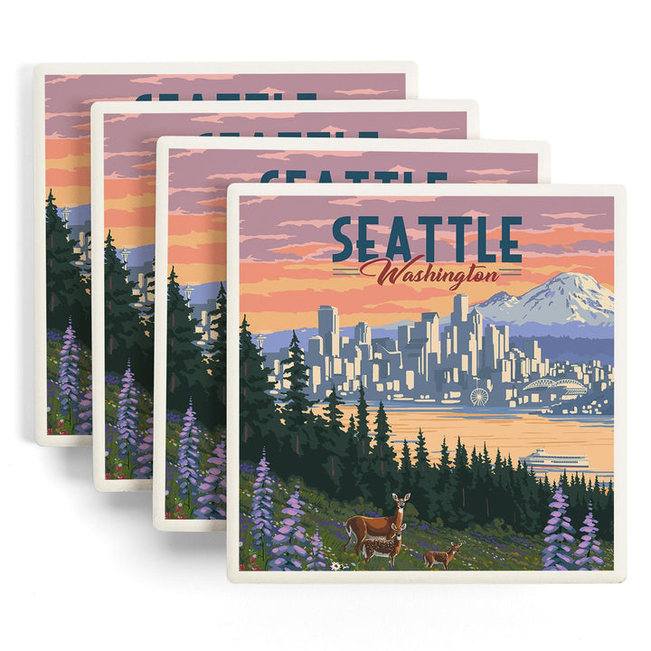 Seattle, Washington, Deer and Spring Flowers, Coasters Coasters Lantern Press