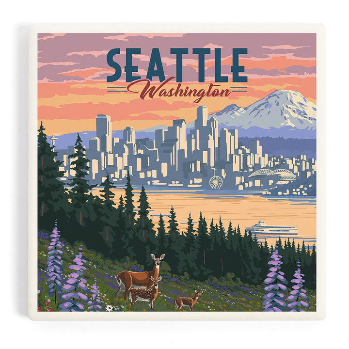 Seattle, Washington, Deer and Spring Flowers, Coasters Coasters Lantern Press Coaster