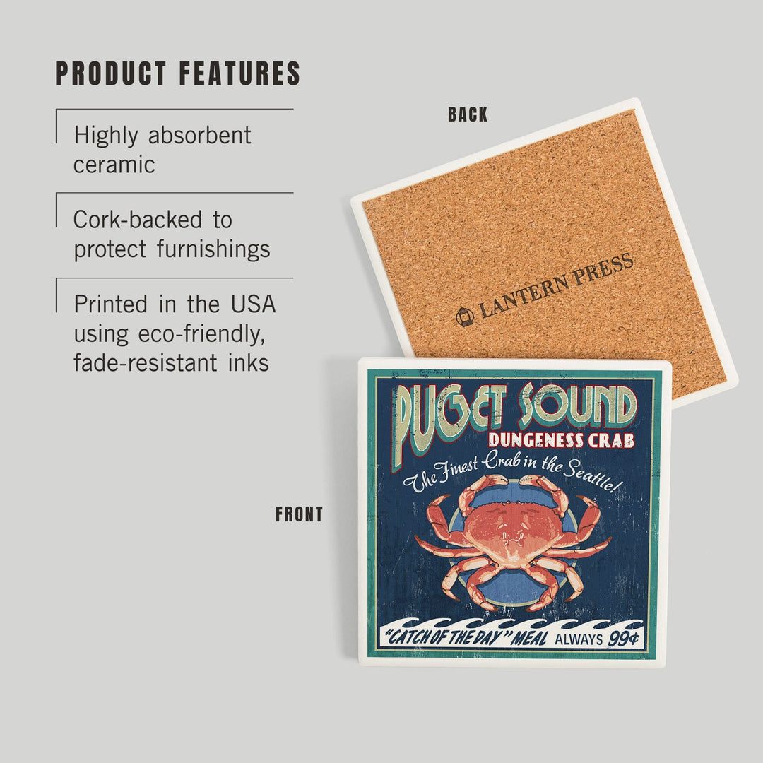 Seattle, Washington, Dungeness Crab Vintage Sign, Coasters Coasters Lantern Press