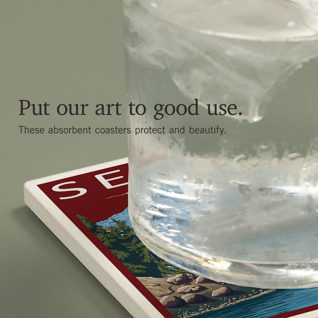 Seattle, Washington, Ferry and Mount Rainier Scene, Coasters Coasters Lantern Press