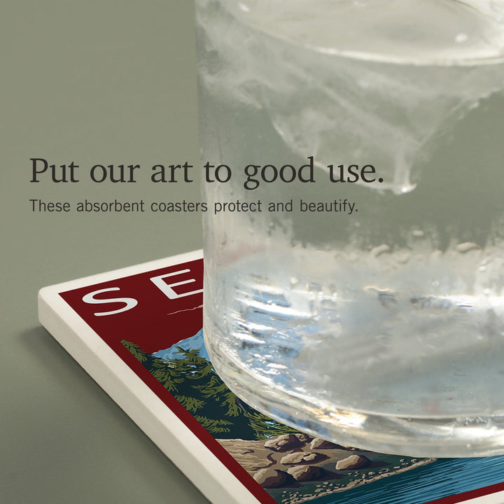 Seattle, Washington, Ferry and Mount Rainier Scene, Coasters Coasters Lantern Press