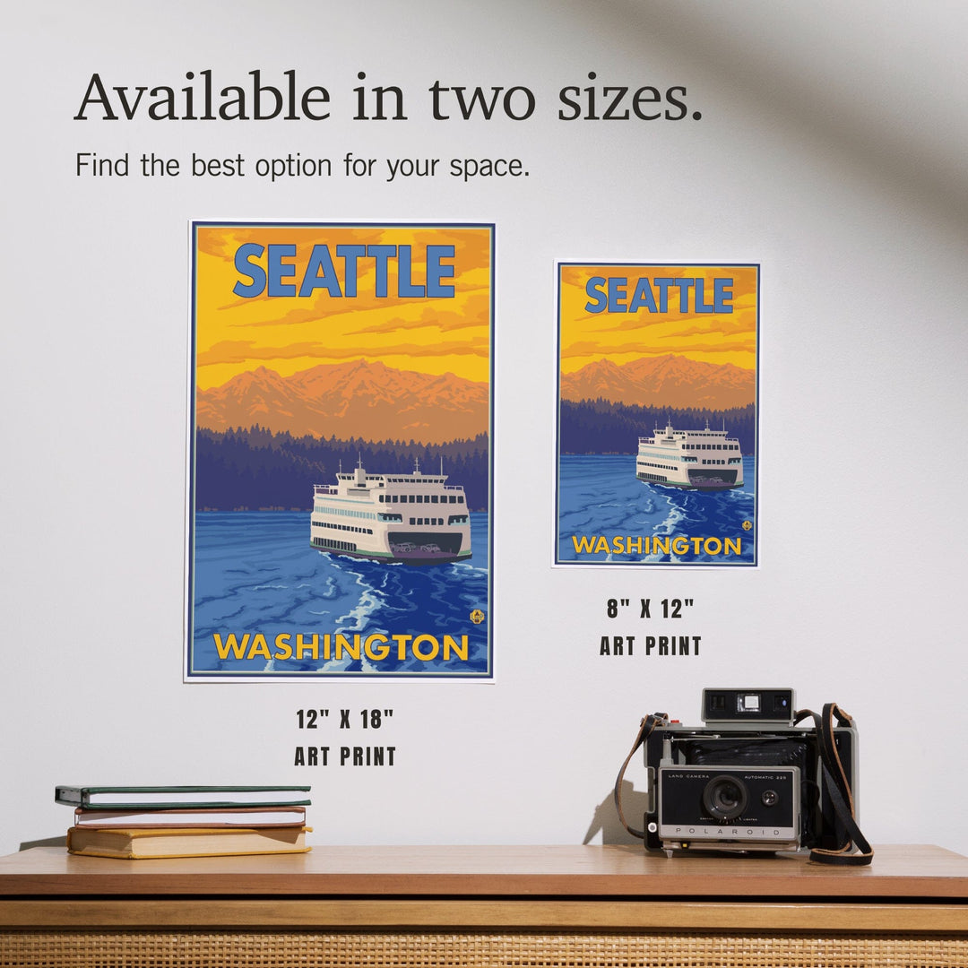 Seattle, Washington, Ferry and Mountains, Art & Giclee Prints Art Lantern Press