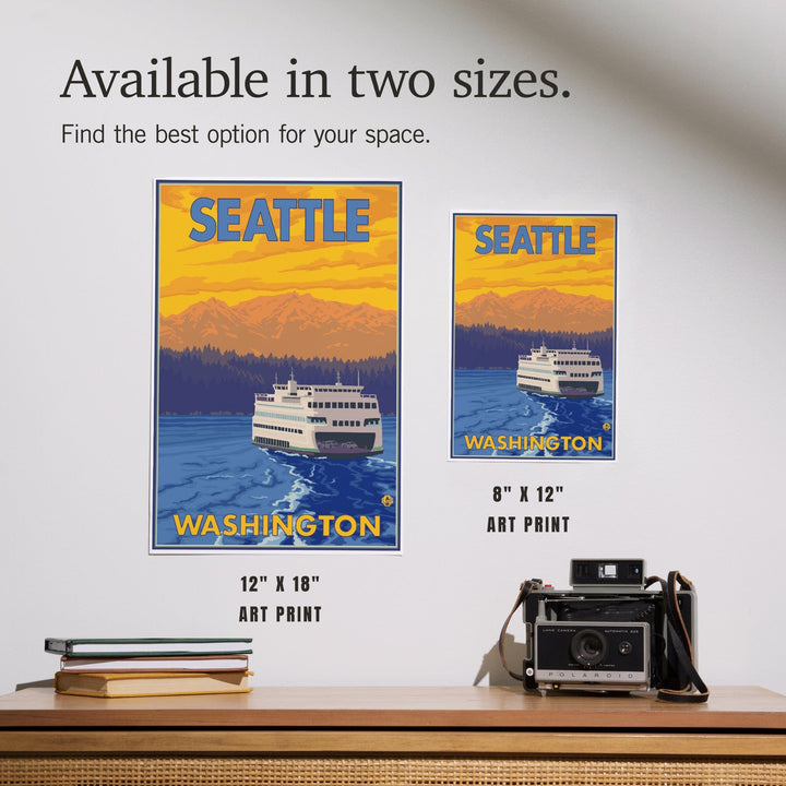Seattle, Washington, Ferry and Mountains, Art & Giclee Prints Art Lantern Press