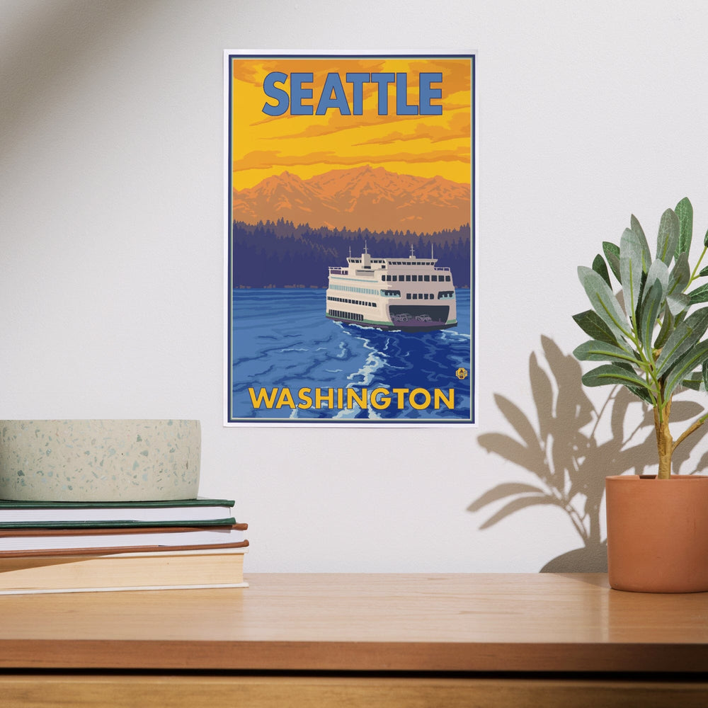 Seattle, Washington, Ferry and Mountains, Art & Giclee Prints Art Lantern Press