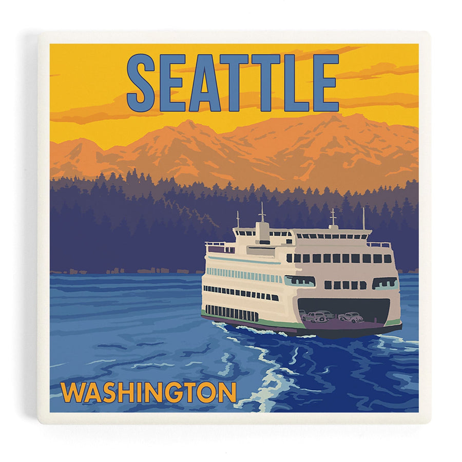 Seattle, Washington, Ferry and Mountains, Coasters Coasters Lantern Press