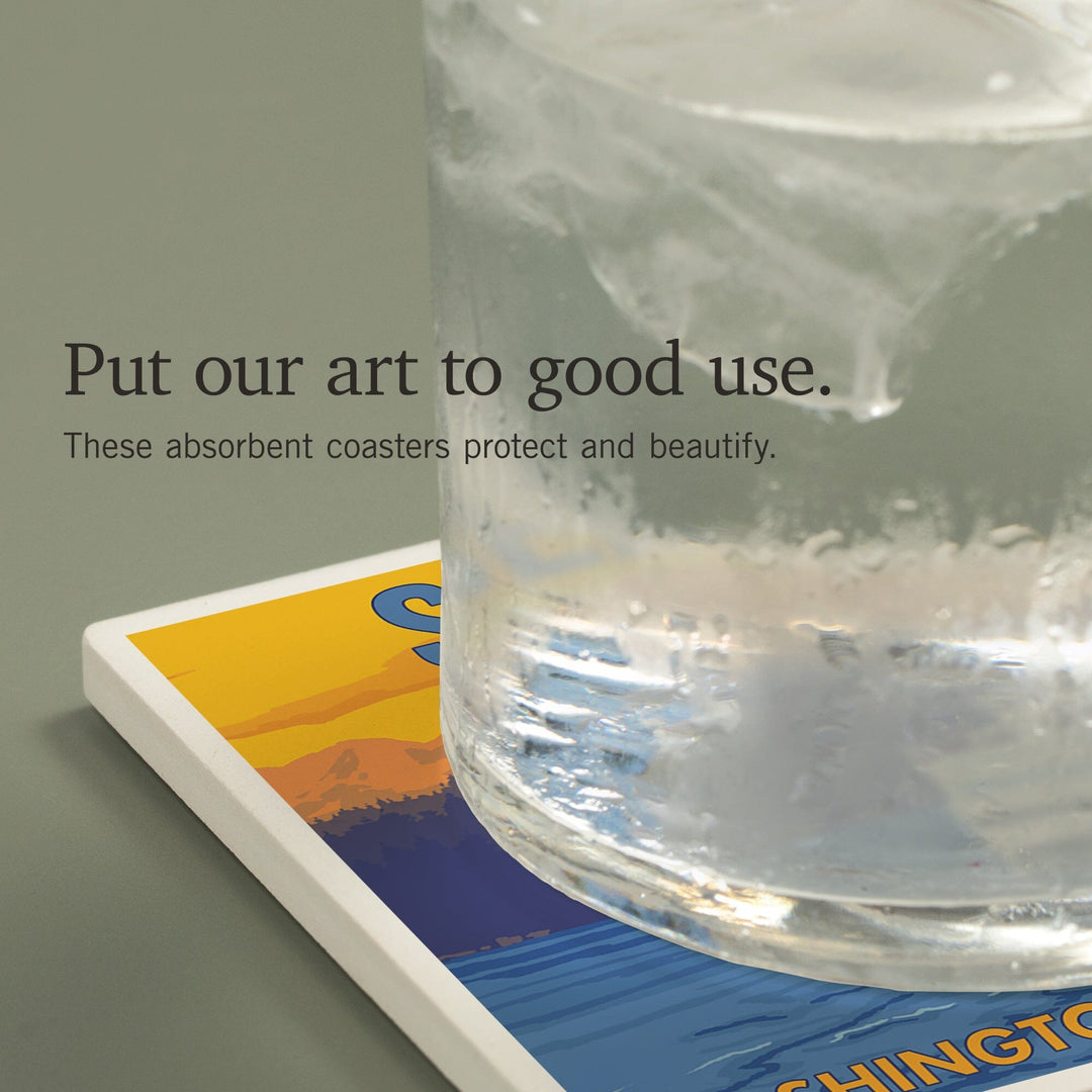 Seattle, Washington, Ferry and Mountains, Coasters Coasters Lantern Press