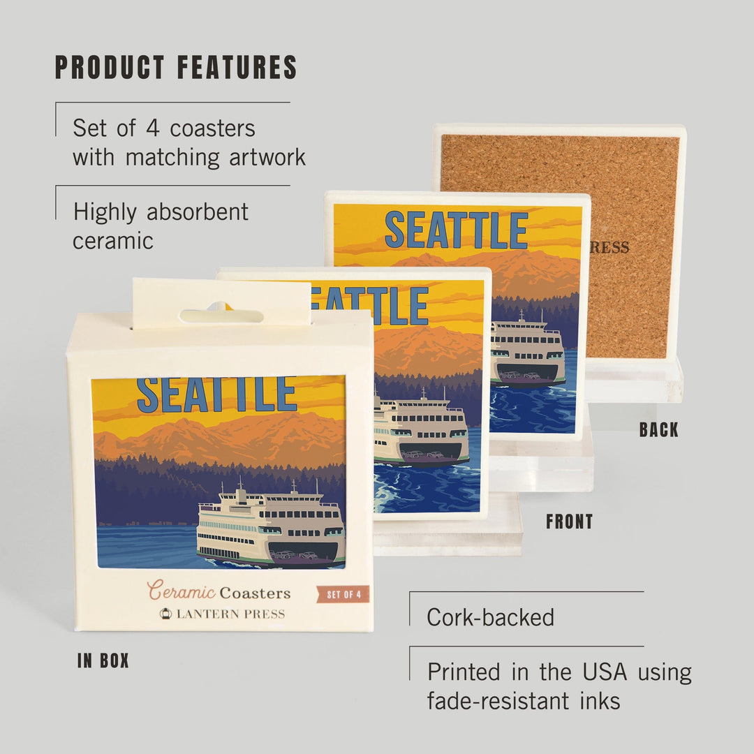 Seattle, Washington, Ferry and Mountains, Coasters Coasters Lantern Press