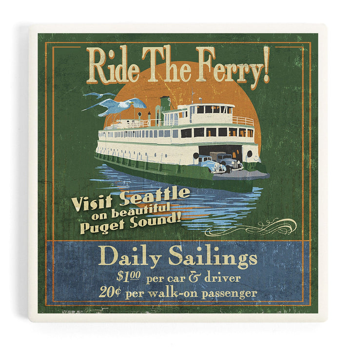 Seattle, Washington, Ferry Vintage Sign, Coasters Coasters Lantern Press Coaster