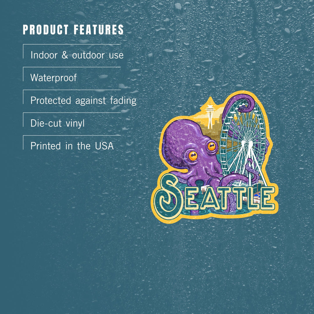 Seattle, Washington, Giant Octopus, Contour, Lantern Press Artwork, Vinyl Sticker Sticker Lantern Press