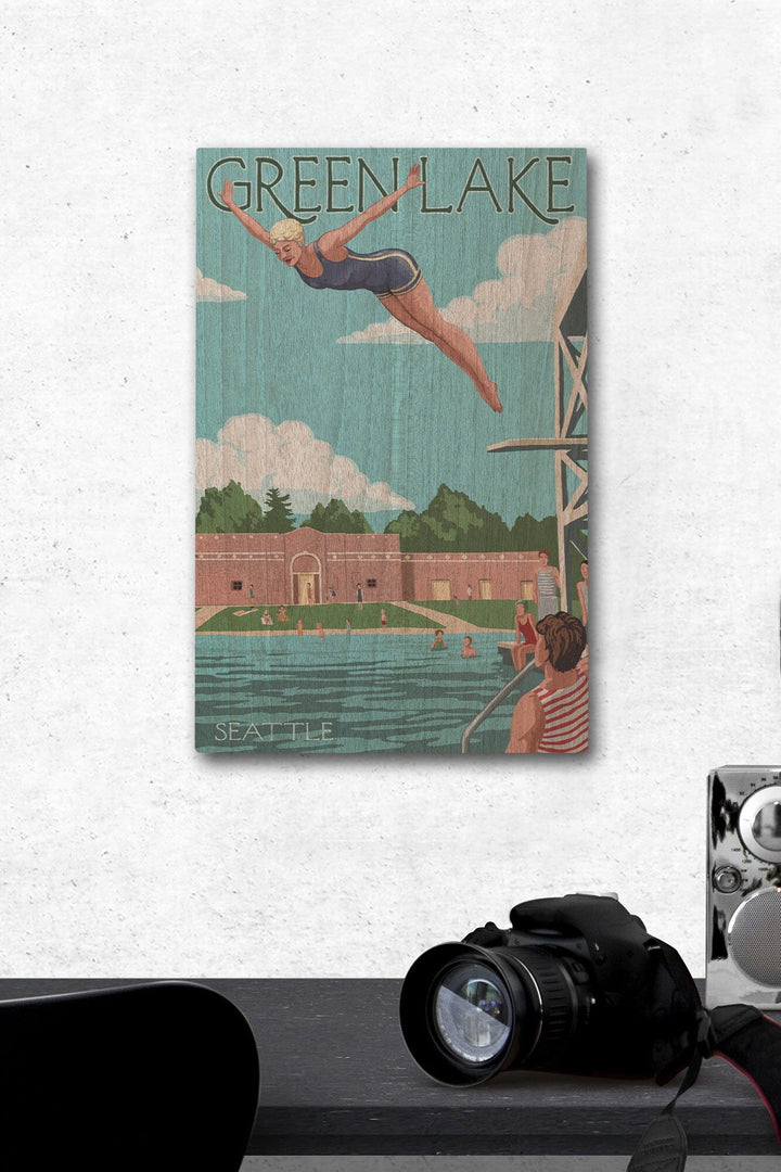 Seattle, Washington, Green Lake Woman Diving, Lantern Press Artwork, Wood Signs and Postcards Wood Lantern Press 12 x 18 Wood Gallery Print