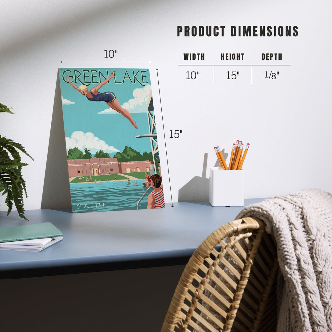 Seattle, Washington, Green Lake Woman Diving, Lantern Press Artwork, Wood Signs and Postcards Wood Lantern Press