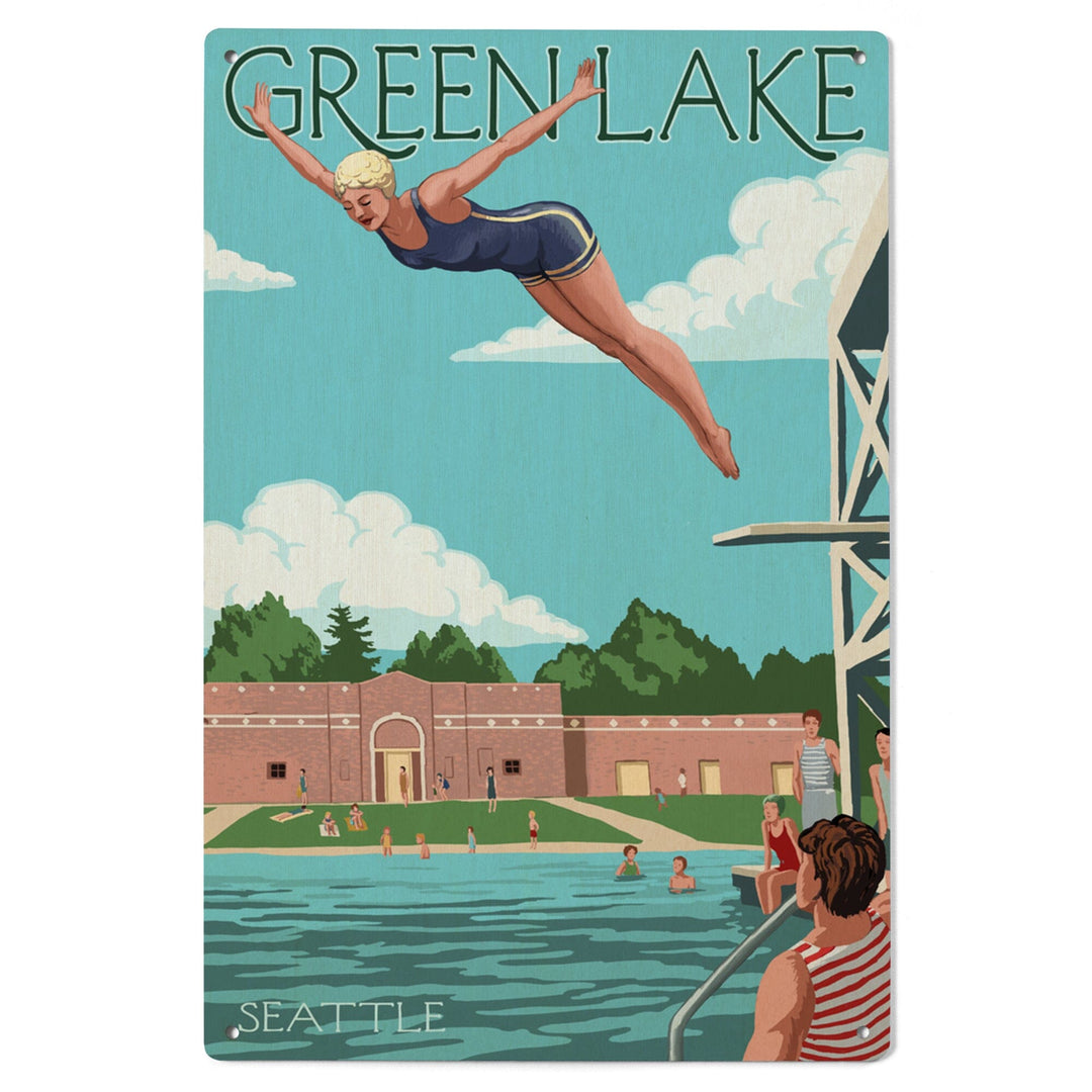 Seattle, Washington, Green Lake Woman Diving, Lantern Press Artwork, Wood Signs and Postcards Wood Lantern Press