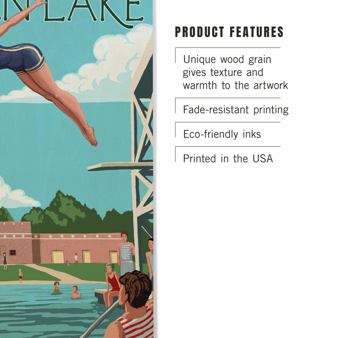 Seattle, Washington, Green Lake Woman Diving, Lantern Press Artwork, Wood Signs and Postcards Wood Lantern Press