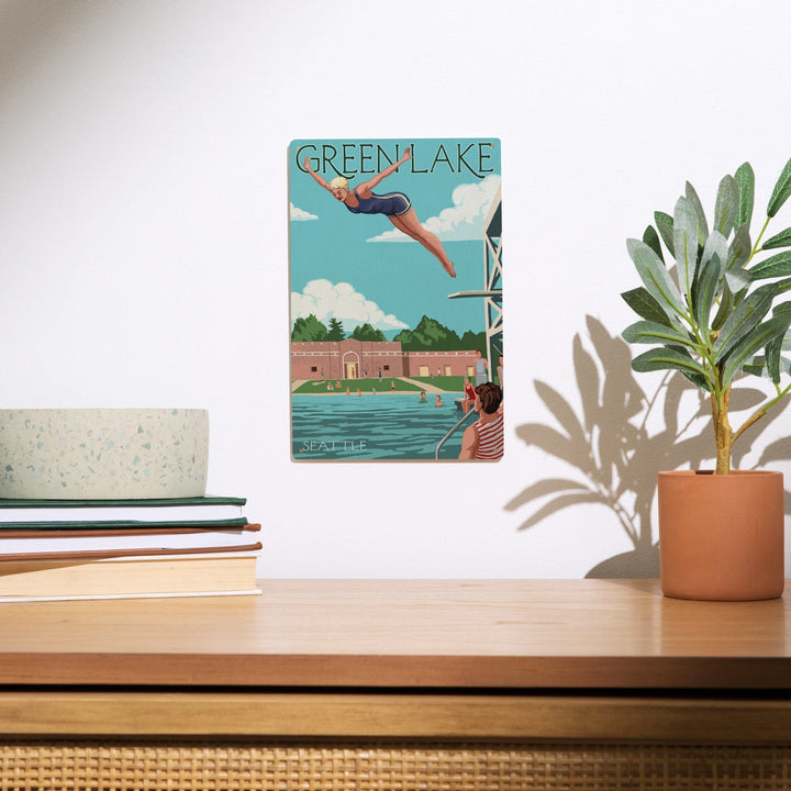 Seattle, Washington, Green Lake Woman Diving, Lantern Press Artwork, Wood Signs and Postcards Wood Lantern Press