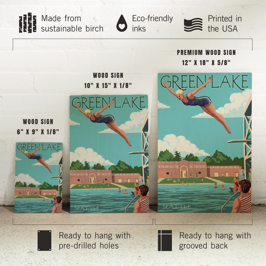 Seattle, Washington, Green Lake Woman Diving, Lantern Press Artwork, Wood Signs and Postcards Wood Lantern Press
