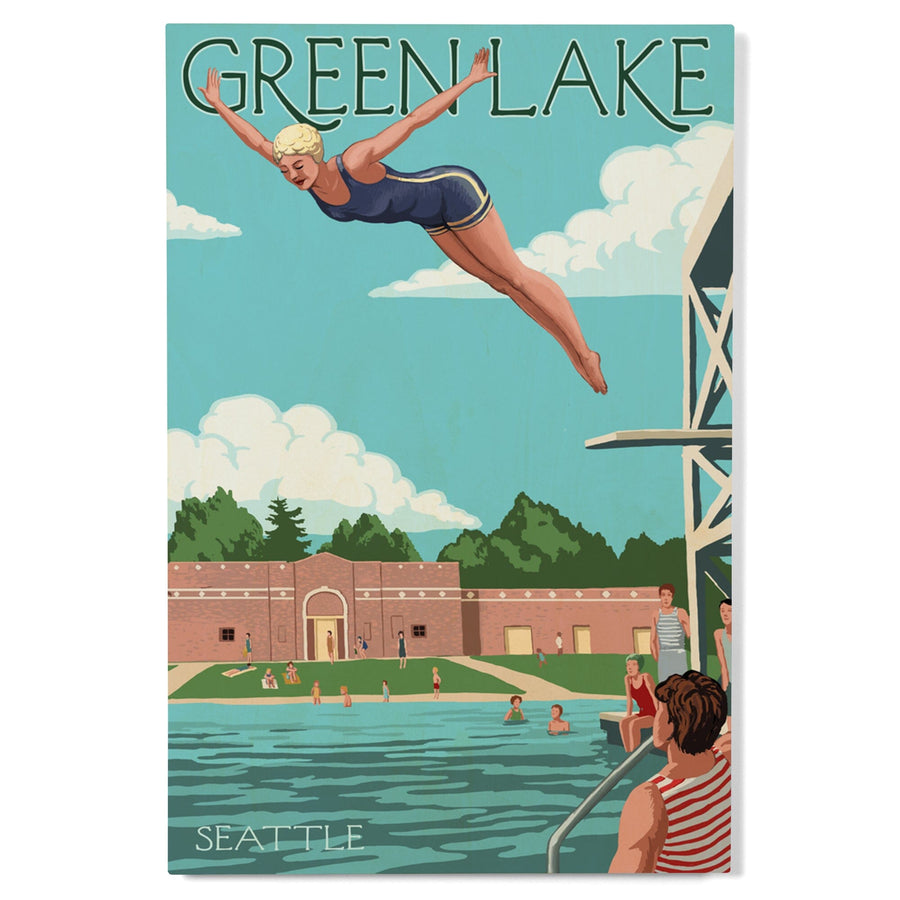 Seattle, Washington, Green Lake Woman Diving, Lantern Press Artwork, Wood Signs and Postcards Wood Lantern Press