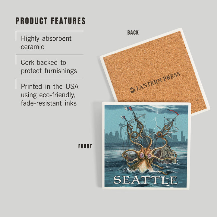Seattle, Washington, Kraken Attacking Ship, Coasters Coasters Lantern Press