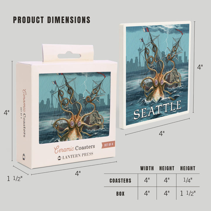 Seattle, Washington, Kraken Attacking Ship, Coasters Coasters Lantern Press