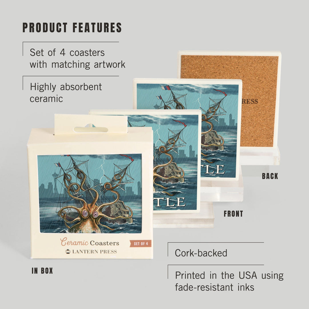 Seattle, Washington, Kraken Attacking Ship, Coasters Coasters Lantern Press