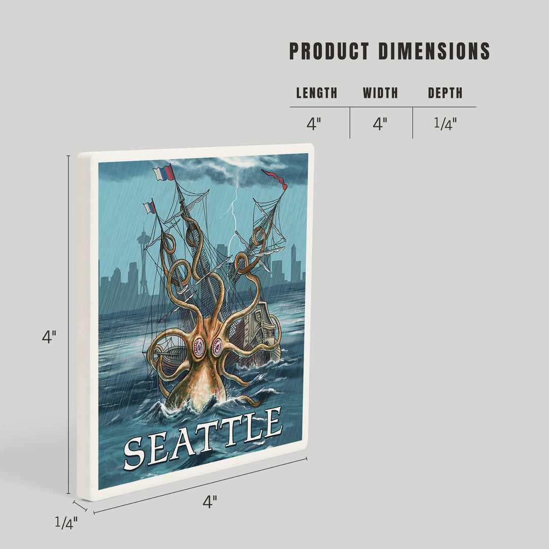 Seattle, Washington, Kraken Attacking Ship, Coasters Coasters Lantern Press