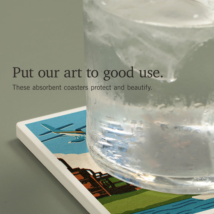 Seattle, Washington, Lake Union, Woodblock, Coasters Coasters Lantern Press