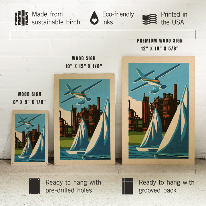 Seattle, Washington, Lake Union, Woodblock, Lantern Press Artwork, Wood Signs and Postcards Wood Lantern Press