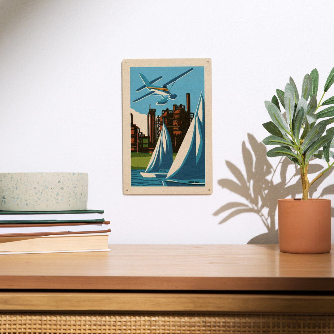 Seattle, Washington, Lake Union, Woodblock, Lantern Press Artwork, Wood Signs and Postcards Wood Lantern Press