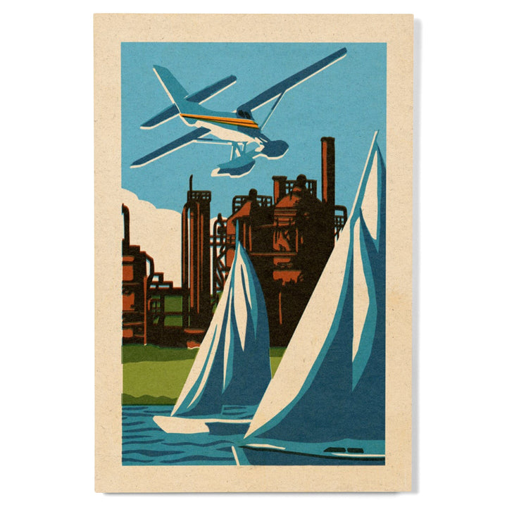 Seattle, Washington, Lake Union, Woodblock, Lantern Press Artwork, Wood Signs and Postcards Wood Lantern Press